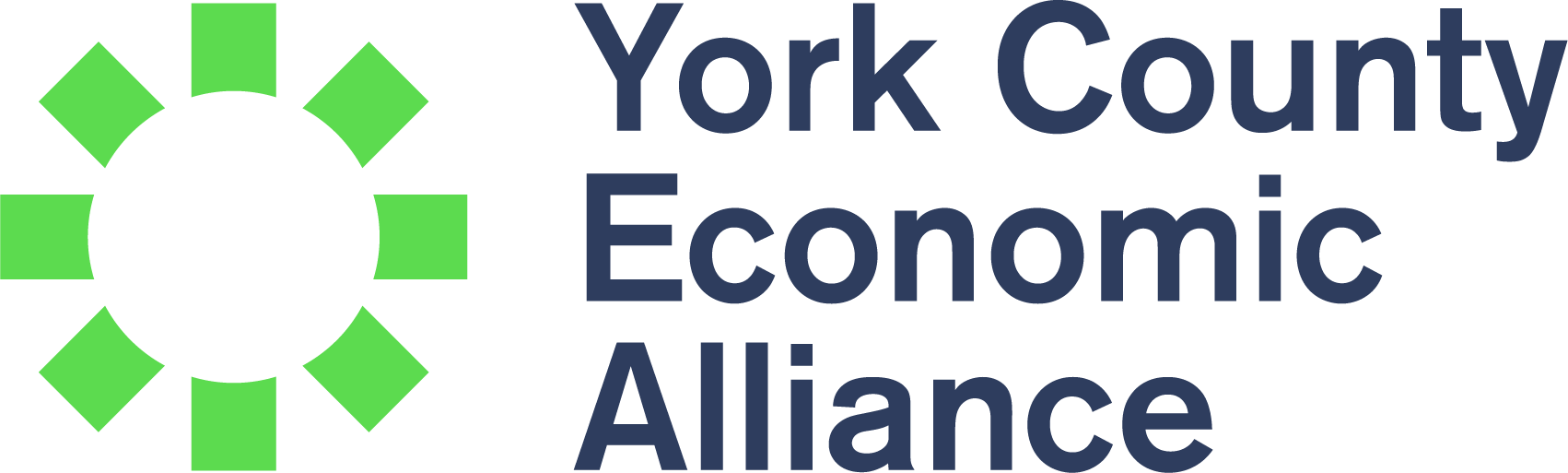 Logo of York County Economic Alliance featuring a green abstract design on the left, resembling a stylized sun or star, followed by the blue text "York County Economic Alliance" on the right, representing commitment to innovation in areas like data destruction and electronics recycling in Central PA.