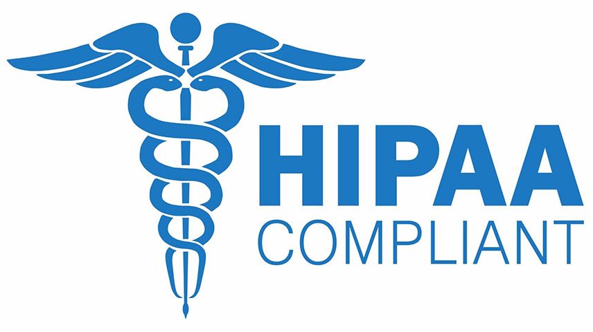 The blue graphic, adorned with a caduceus symbol of two snakes and wings, stands proudly beside "HIPAA Compliant" in bold blue text. Omega ECycles ensures data destruction services while serving Central PA and surrounding areas for added security.