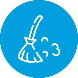 White line drawing of a broom sweeping dust or debris, on a blue circular background—perfect for illustrating the cleanup and recycling of old devices with Omega ECycles in Central PA.