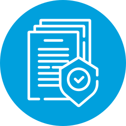 White icon of stacked documents with lines of text, overlaid by a shield with a checkmark, on a blue circular background—representing secure or verified documents and data destruction in electronics recycling.