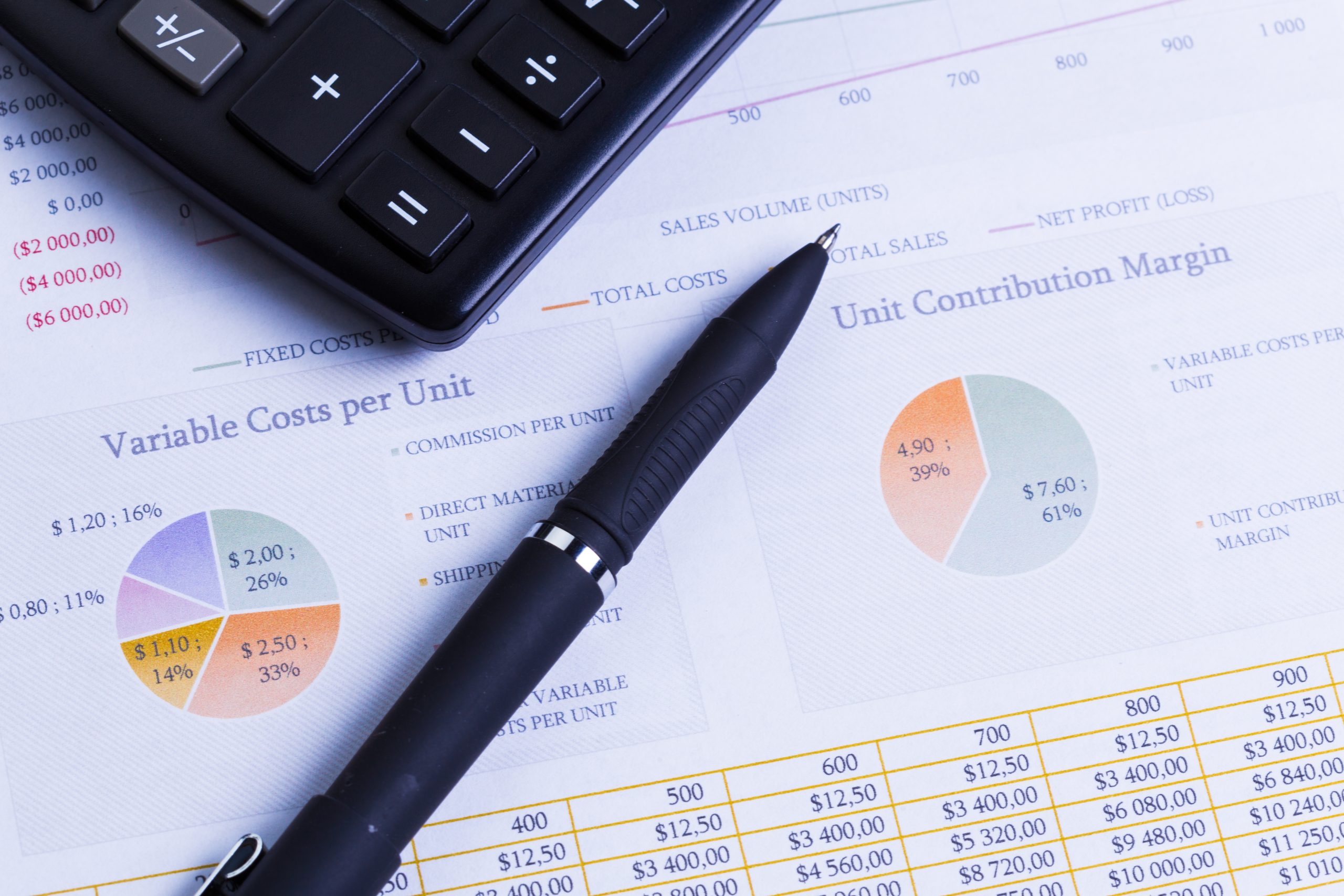 A black pen, calculator, and a financial document with pie charts, tables, and figures related to unit costs and contribution margins are shown on a desk at Omega ECycles, a leader in electronics recycling and secure data destruction.