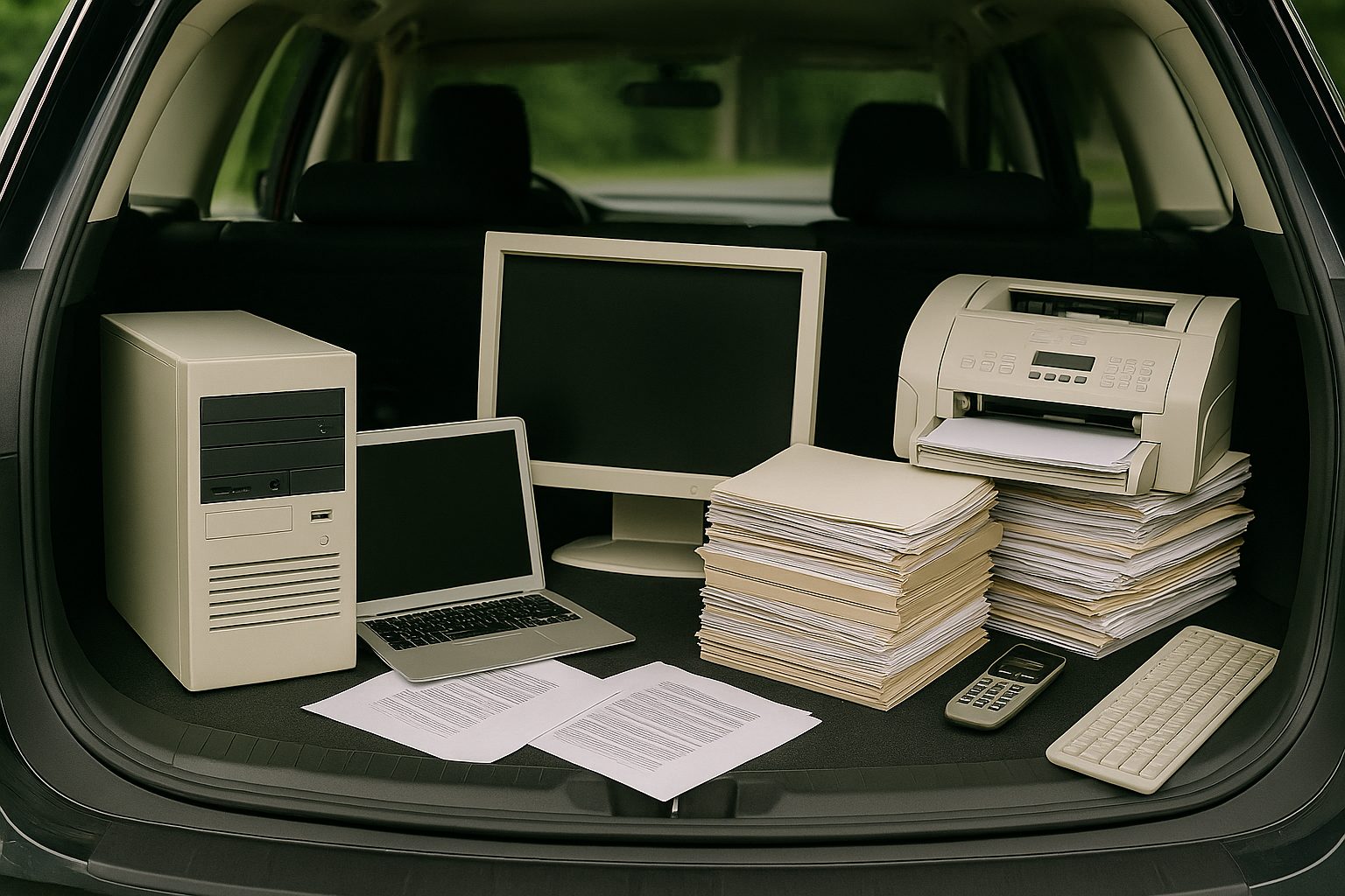 A desktop computer, laptop, monitor, keyboard, printer, and calculator—alongside paper files and documents—are arranged in the trunk of a car for an upcoming electronics recycling event.