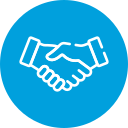 White outline of two hands shaking, symbolizing a handshake and trust in data destruction, on a solid blue circular background.