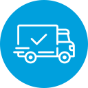White line drawing of a delivery truck with a checkmark on its side, centered on a blue circular background—perfect for representing secure electronics recycling for car dealerships.