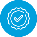 White checkmark inside a stylized badge outline, centered on a blue circular background, representing certification or approval for electronics recycling programs.