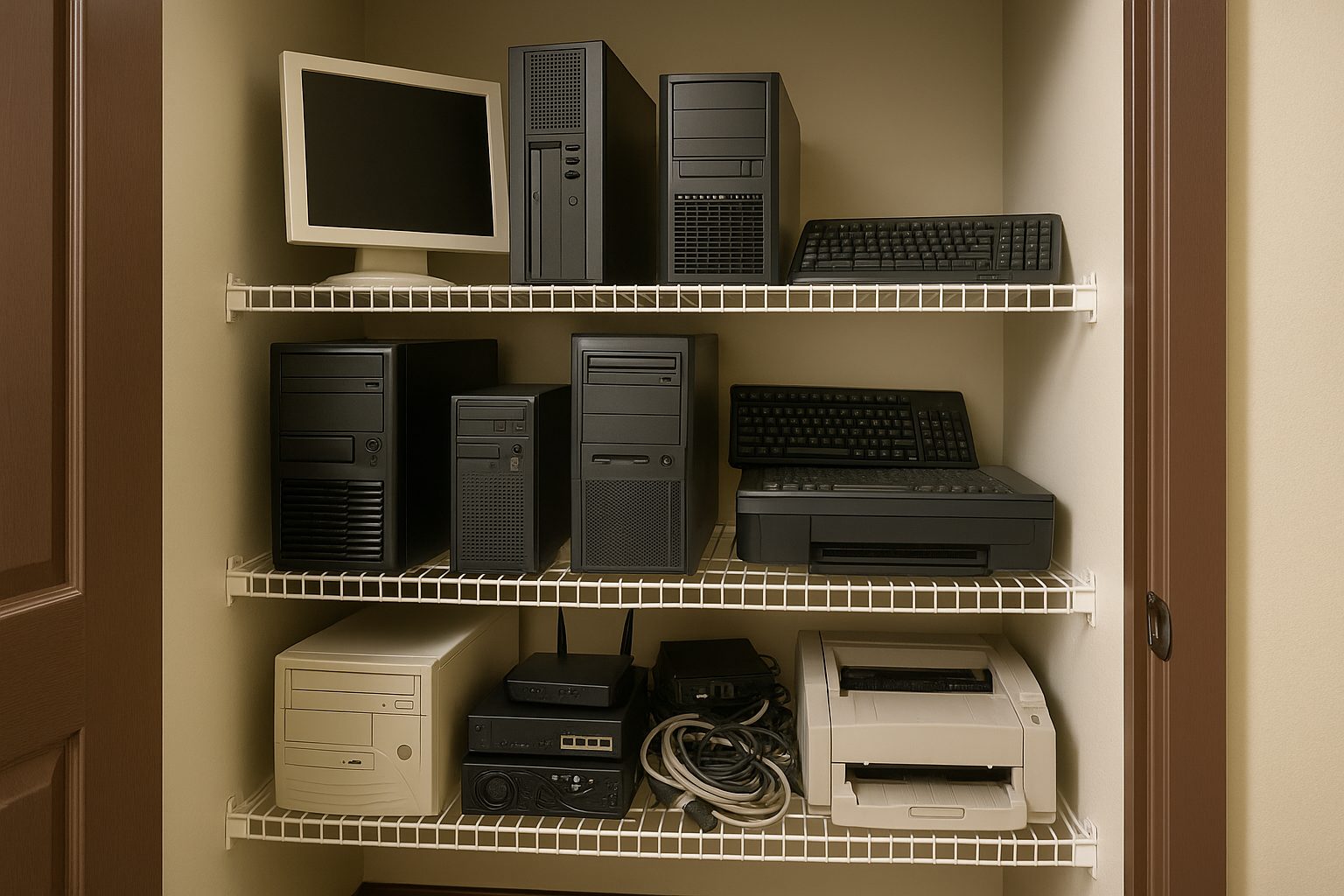 Three wire shelves hold old desktop computers, monitors, keyboards, a printer, and some cables—all organized neatly inside a small closet with brown doors, awaiting computer recycling and secure data destruction.