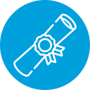 A white outline of a rolled-up diploma with a ribbon seal, displayed on a solid blue circular background, symbolizes HIPAA-compliant certification in electronics recycling.