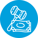 A white outline of a judge’s gavel and two currency notes on a blue circular background, symbolizing legal or financial matters related to electronics recycling for healthcare.