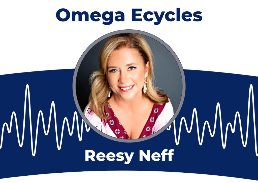A promotional image features a smiling woman with blonde hair in a circular frame, text above reads "Omega ECycles," below "Reesy Neff," with a blue background and white waveform lines, highlighting her sustainability podcast.