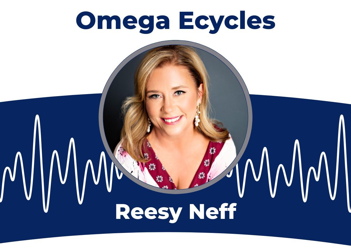 A promotional image features a smiling woman with blonde hair in a circular frame, text above reads "Omega ECycles," below "Reesy Neff," with a blue background and white waveform lines, highlighting her sustainability podcast.