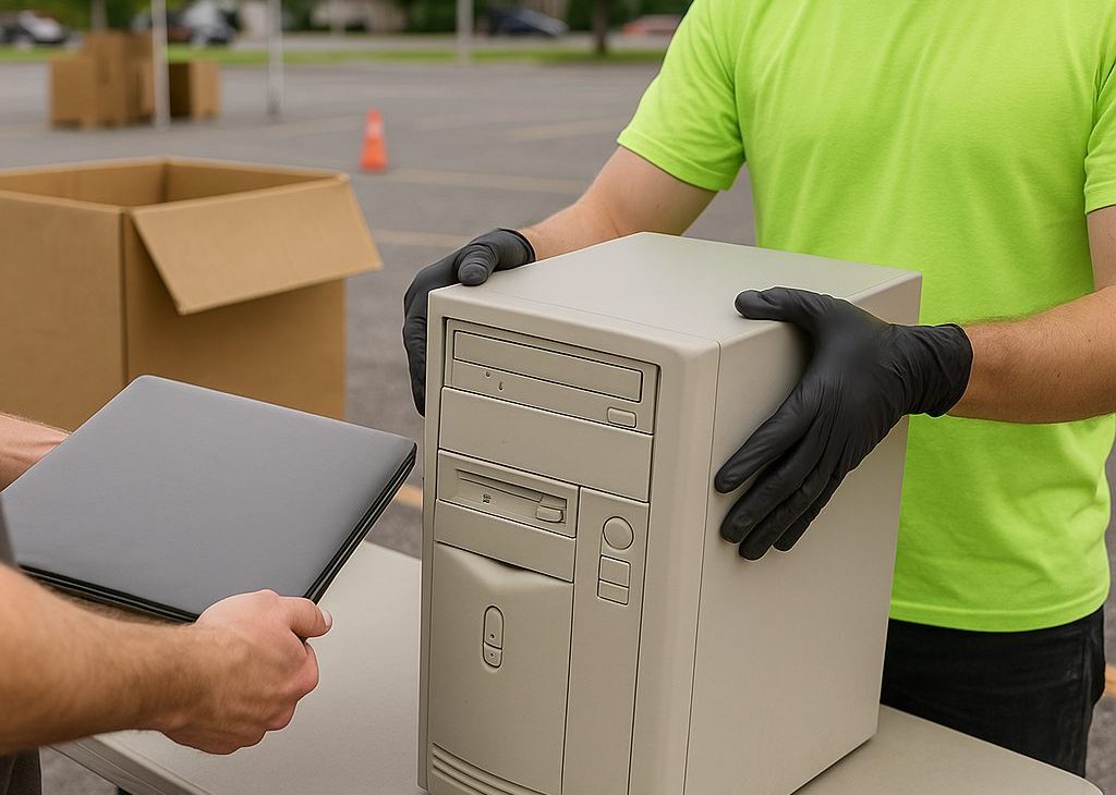 Two people exchange old electronics outdoors—one hands over a desktop computer tower in black gloves, while the other offers a closed laptop. A cardboard box for electronics recycling sits on the table nearby.