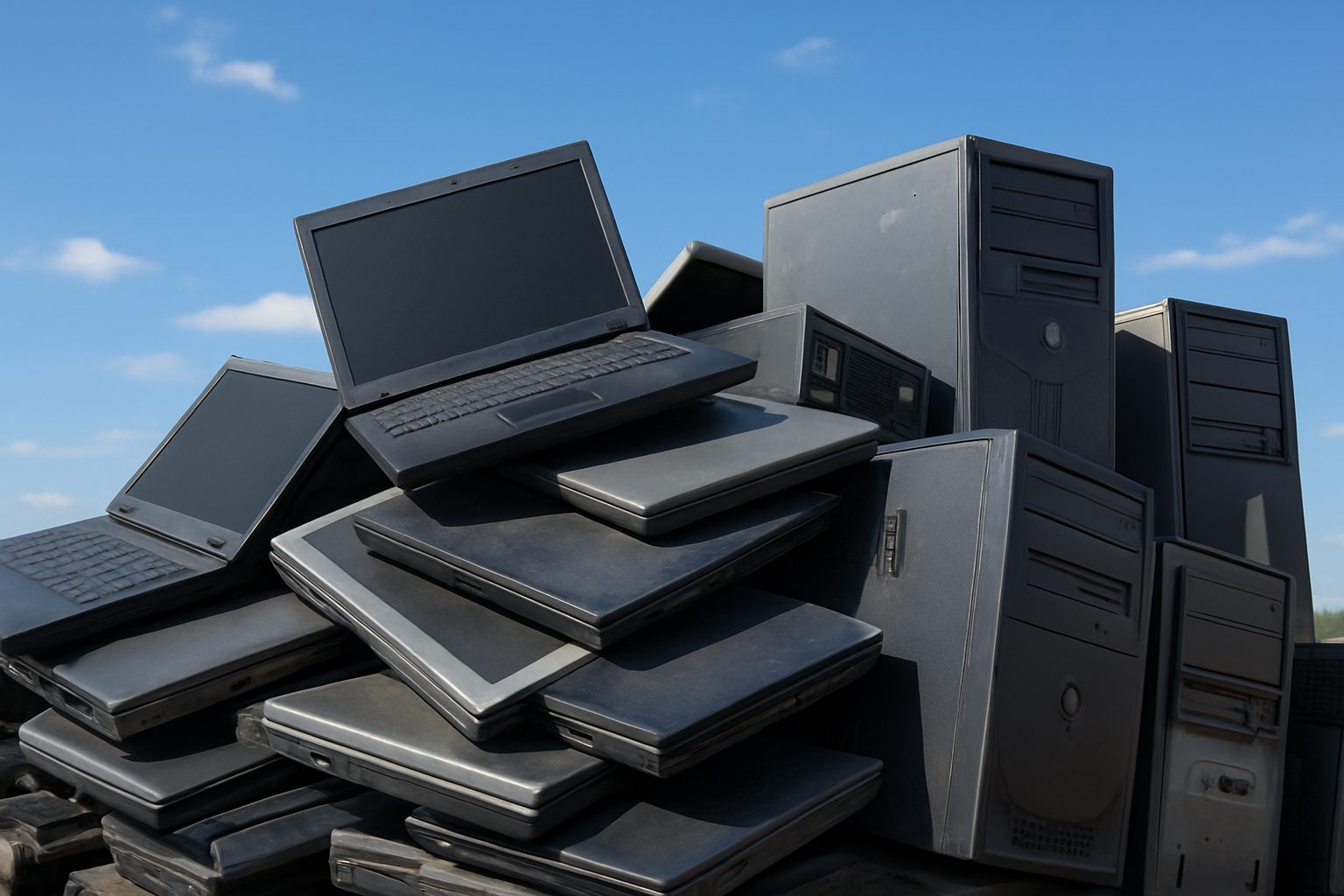 A large pile of old, stacked laptops and desktop computer towers sits outdoors under a blue sky with scattered clouds, ready for free electronics recycling.