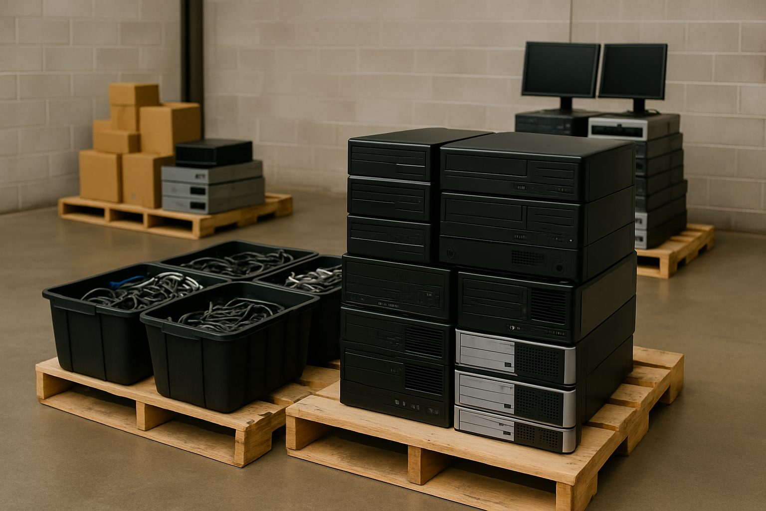 Stacks of desktop computers, bins of cables, and computer monitors are organized on wooden pallets in a warehouse with a concrete floor and boxes in the background.