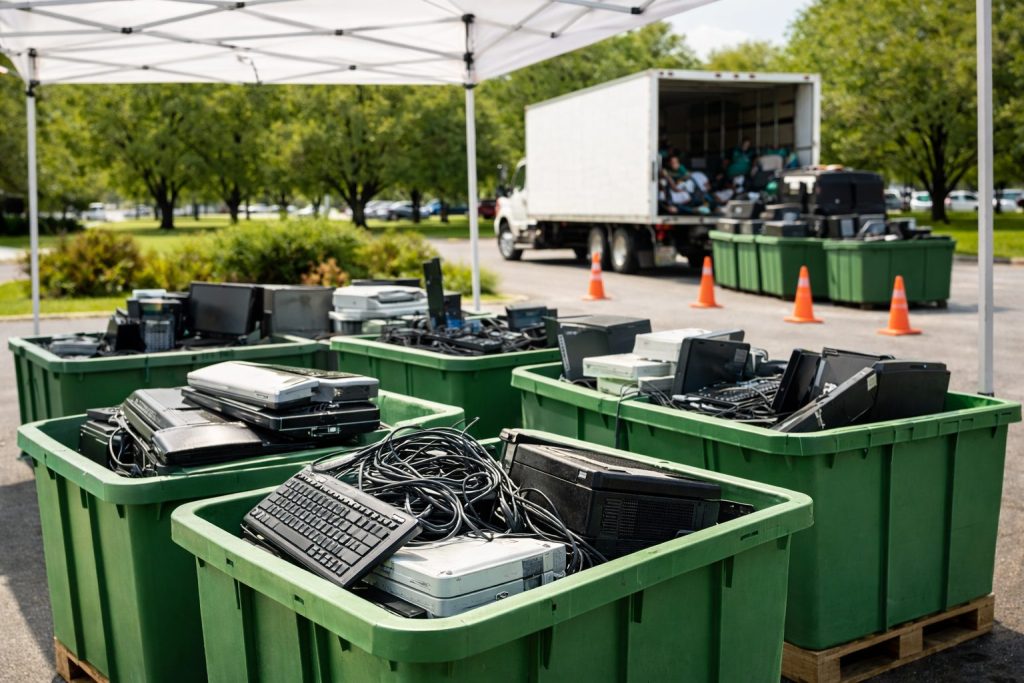 Large green bins filled with old electronics—monitors, keyboards, and cables—are set up under a canopy outdoors at one of the E-Recycling Events. In the background, workers and a truck can be seen near orange traffic cones.