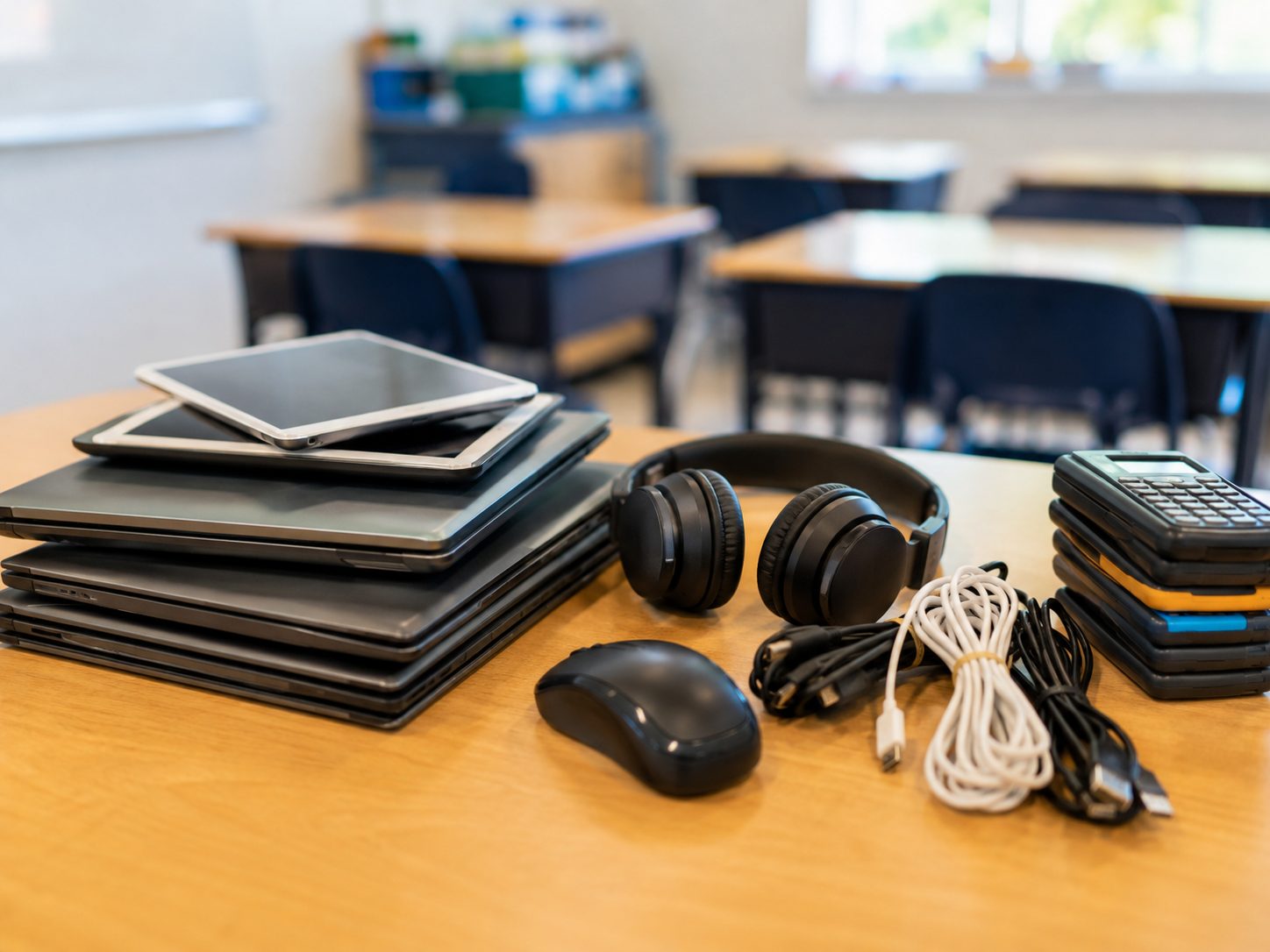 A stack of tablets and laptops, a pile of calculators, headphones, a computer mouse, and charging cables on a classroom desk—perfect candidates for electronics recycling for schools—with empty desks and chairs in the background.