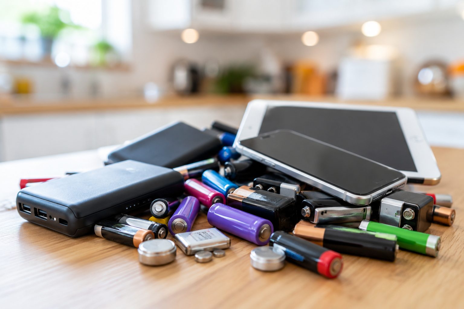 A pile of various batteries, smartphones, tablets, and power banks—ready for battery recycling—scattered on a wooden table in a bright, modern kitchen.