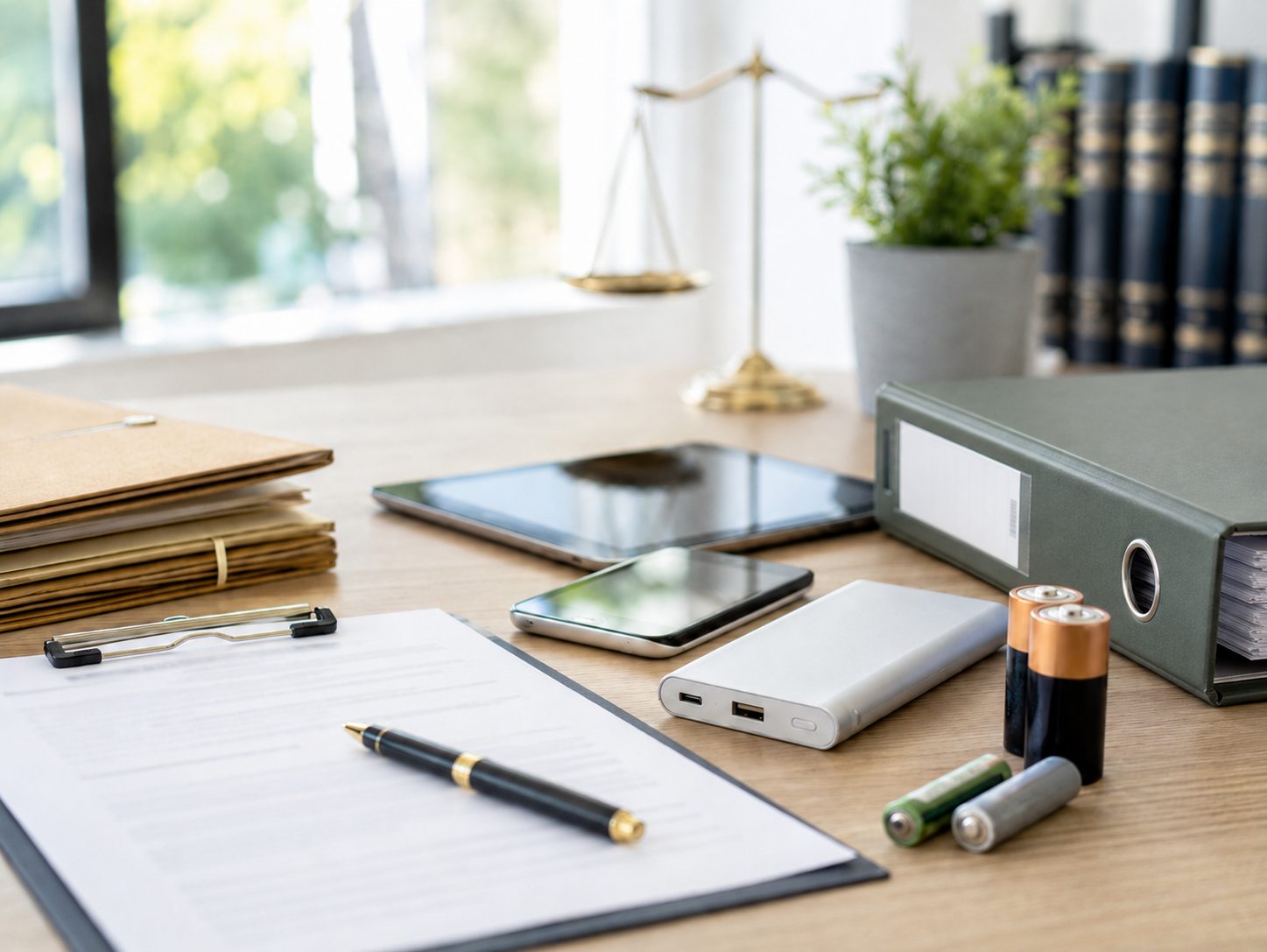 A desk with legal documents on a clipboard, a pen, a power bank, a smartphone, a tablet, batteries—items often covered under electronics recycling legislation—plus folders, a binder, a potted plant, and scales of justice in the background.
