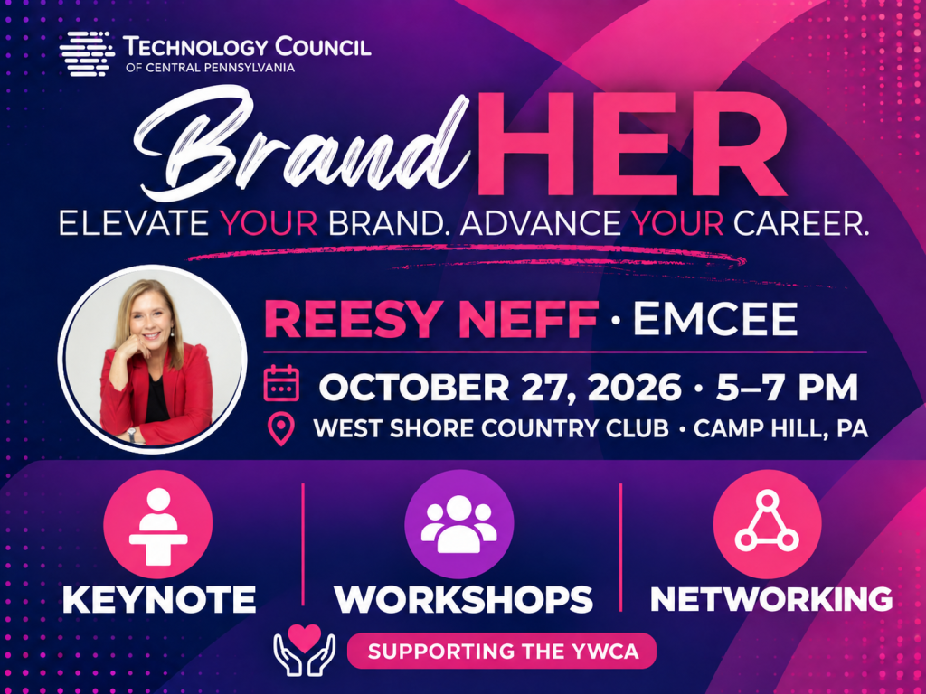 Event flyer for “BrandHER 2026” featuring Reesy Neff as emcee, with event details, icons for keynote, workshops, networking, and YWCA support—all celebrating Women in Tech—on a purple and pink geometric background.